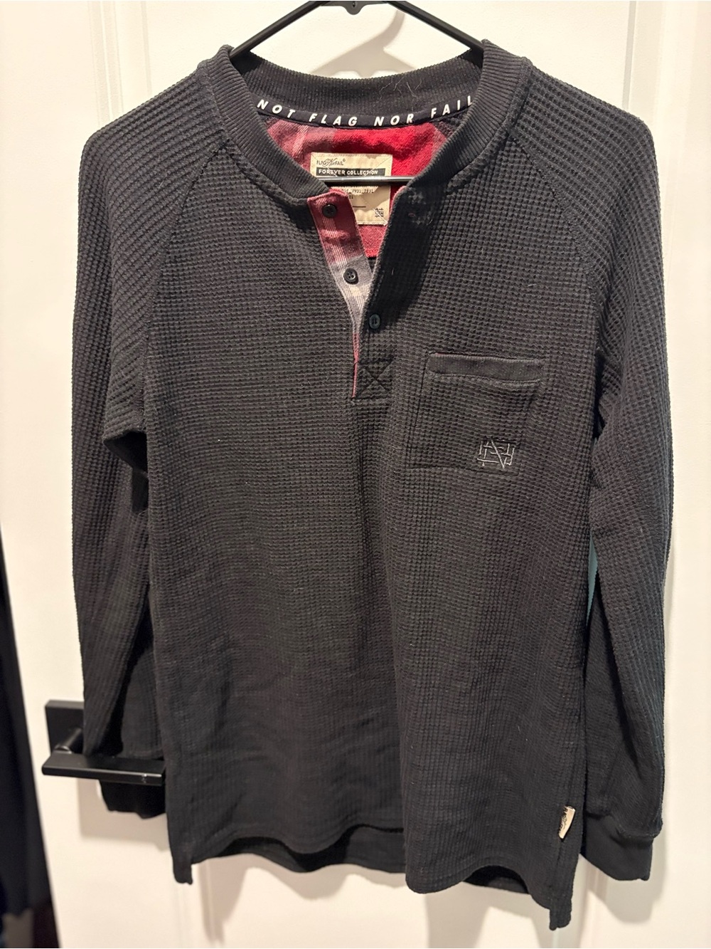 flag nor fail Black Waffle-Knit Henley Top with Red Plaid Trim